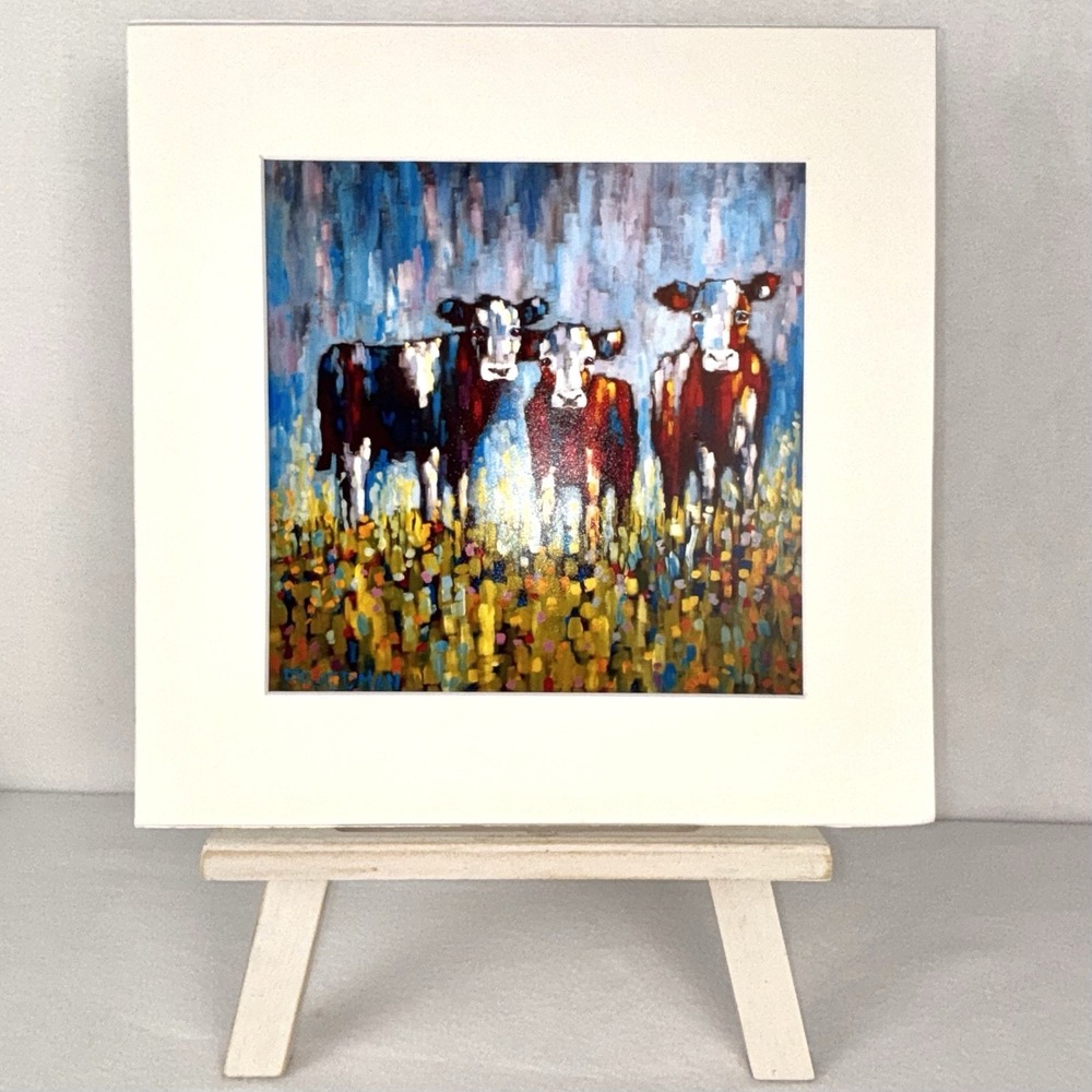 Trio Of Cows Original Painting Signed Jennifer De Miguel Friedman Matted 12x12